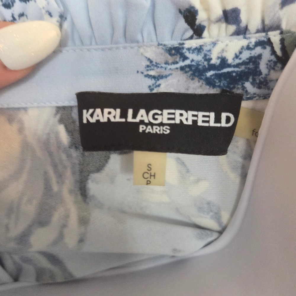 Karl Lagerfeld Paris Floral Ruffle Neck Blouse Blue Bell Sleeve Designer Small‎ - Picture 4 of 7